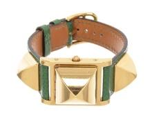 Hermes Green Gold Steel and Leather Medor PM Quartz Watch