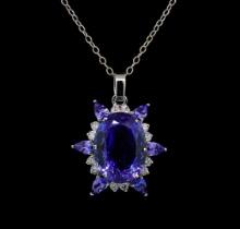 GIA Cert 28.43 ctw Tanzanite and Diamond Pendant With Chain - 14KT White Gold