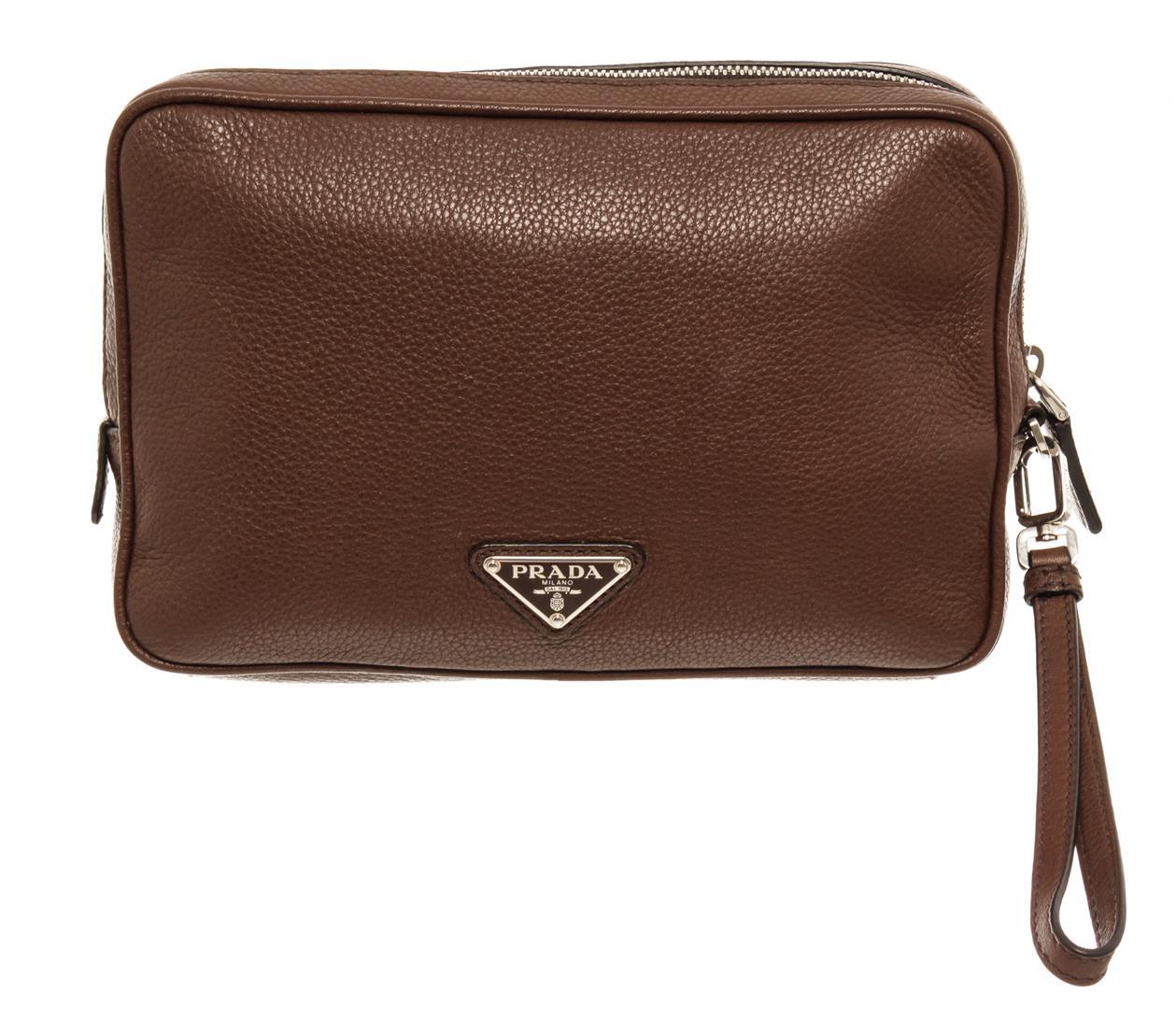 Prada Brown Vitello City Leather Wristlet Zip Pouch