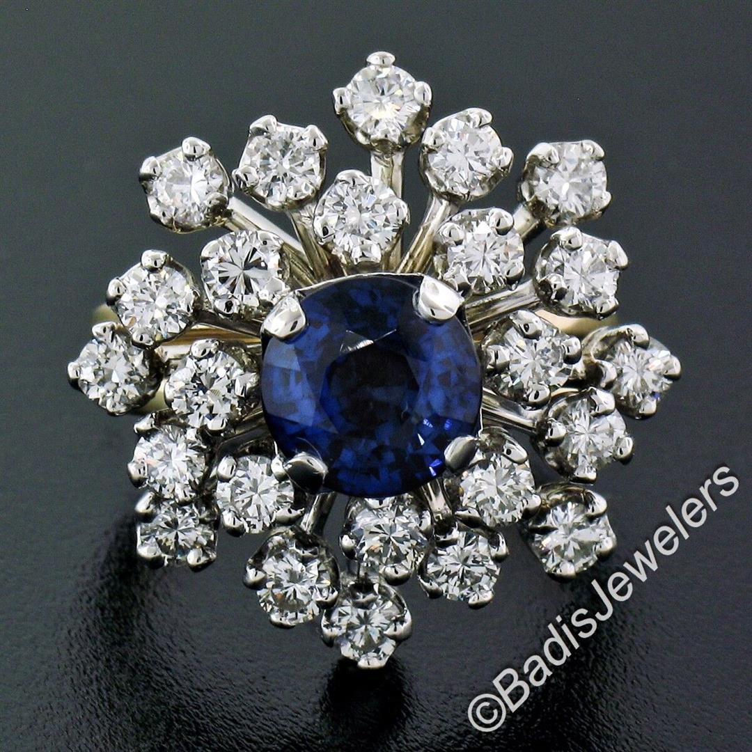 Vintage 14K TT Gold 3.26 ctw Round Sapphire Diamond Tiered Snowflake Cluster Rin