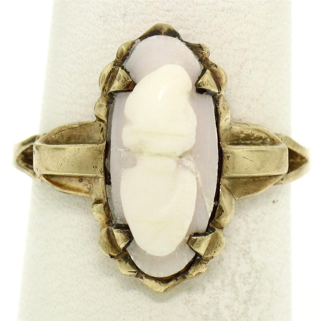 Antique Victorian 10k Yellow Gold Simple Petite Carved Pink Stone Cameo Ring