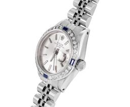 Rolex Ladies Stainless Steel Silver Index 18K Gold Diamond And Sapphire Bezel Da