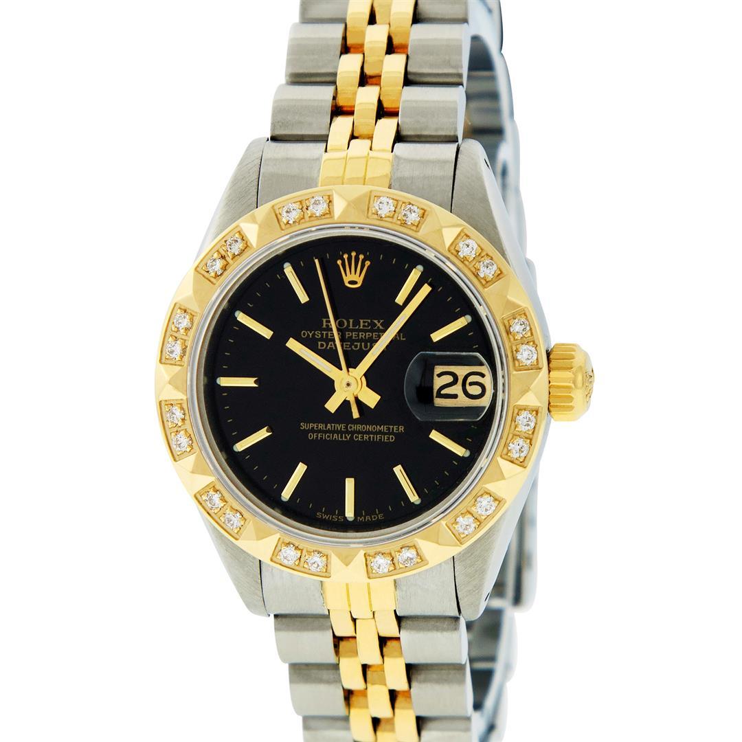 Rolex Ladies 2T Yellow Gold & Stainless Steel Black Index & Pyramid Diamond Wris