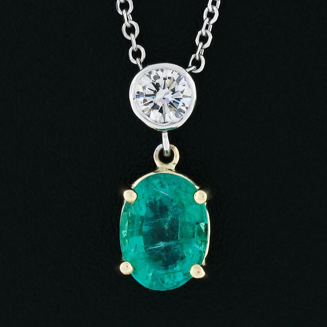 NEW 14K TT Gold 1.44 ctw Oval Emerald & Round Diamond Drop Dangle Pendant Neckla