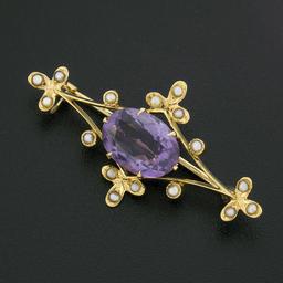 Vintage Victorian Revival 14K Yellow Gold Oval Amethyst & Seed Pearl Pin Brooch