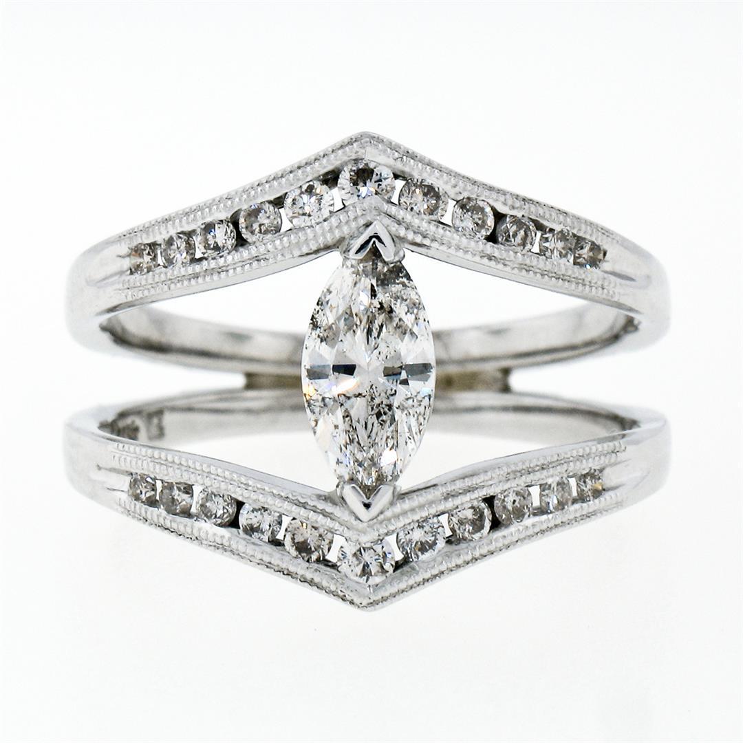 14K White Gold 1.01 ctw Marquise & Round Cut Diamond Milgrain Wide Open Split Ri