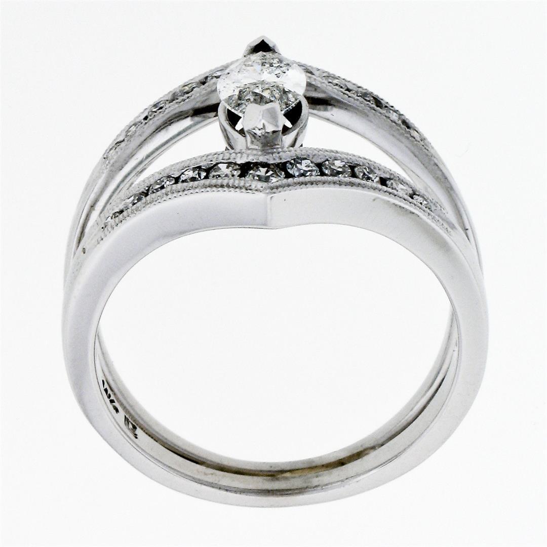 14K White Gold 1.01 ctw Marquise & Round Cut Diamond Milgrain Wide Open Split Ri