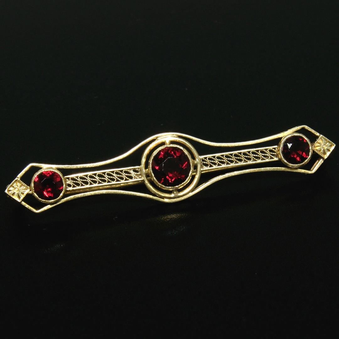 Antique Art Nouveau 14k Yellow Gold 2.20 ctw Old Round Garnet Filigree Pin Brooc