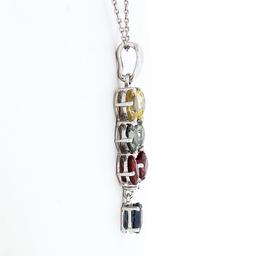 14K White Gold 3.54 ctw Multi-Color Sapphire & Diamond Dangle Pendant Necklace