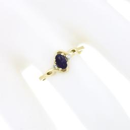 Petite Solid 10k Yellow Gold Oval Amethyst Solitaire Diamond 3 Three Stone Ring