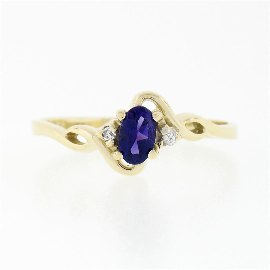 Petite Solid 10k Yellow Gold Oval Amethyst Solitaire Diamond 3 Three Stone Ring