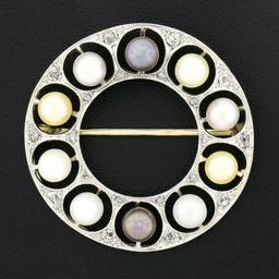 Antique Belle Epoque Platinum Multi Color Pearl Diamond Wreath Circle Pin Brooch