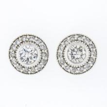 NEW 14k White Gold 0.83 ctw Round Bezel Diamond w/ Halo & Milgrain Stud Earrings