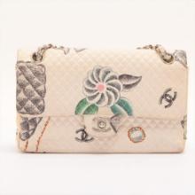 Chanel Classic Beige Multicolor Quilted Canvas Flower Art Print Single Flap Shou