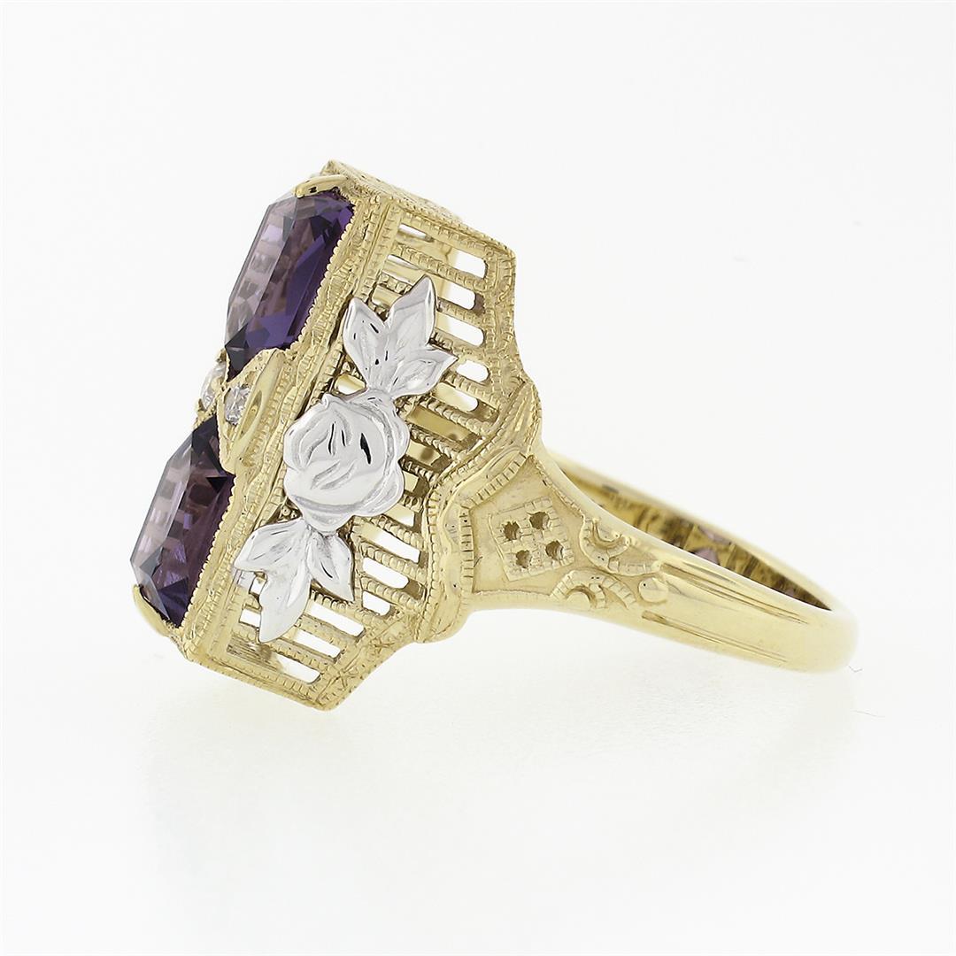 14K Two Tone Gold 1.80 ctw Amethyst Diamond Filigree Milgrain Etched Cocktail Ri