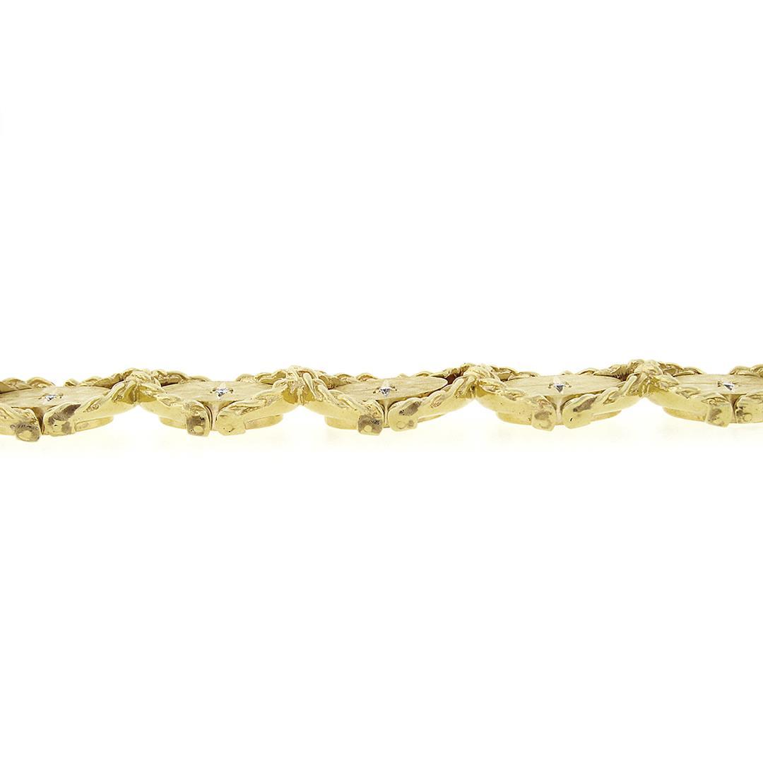 Vintage 14k Gold Florentine Etched Diamond Star Link Bracelet w/ Braided Frame