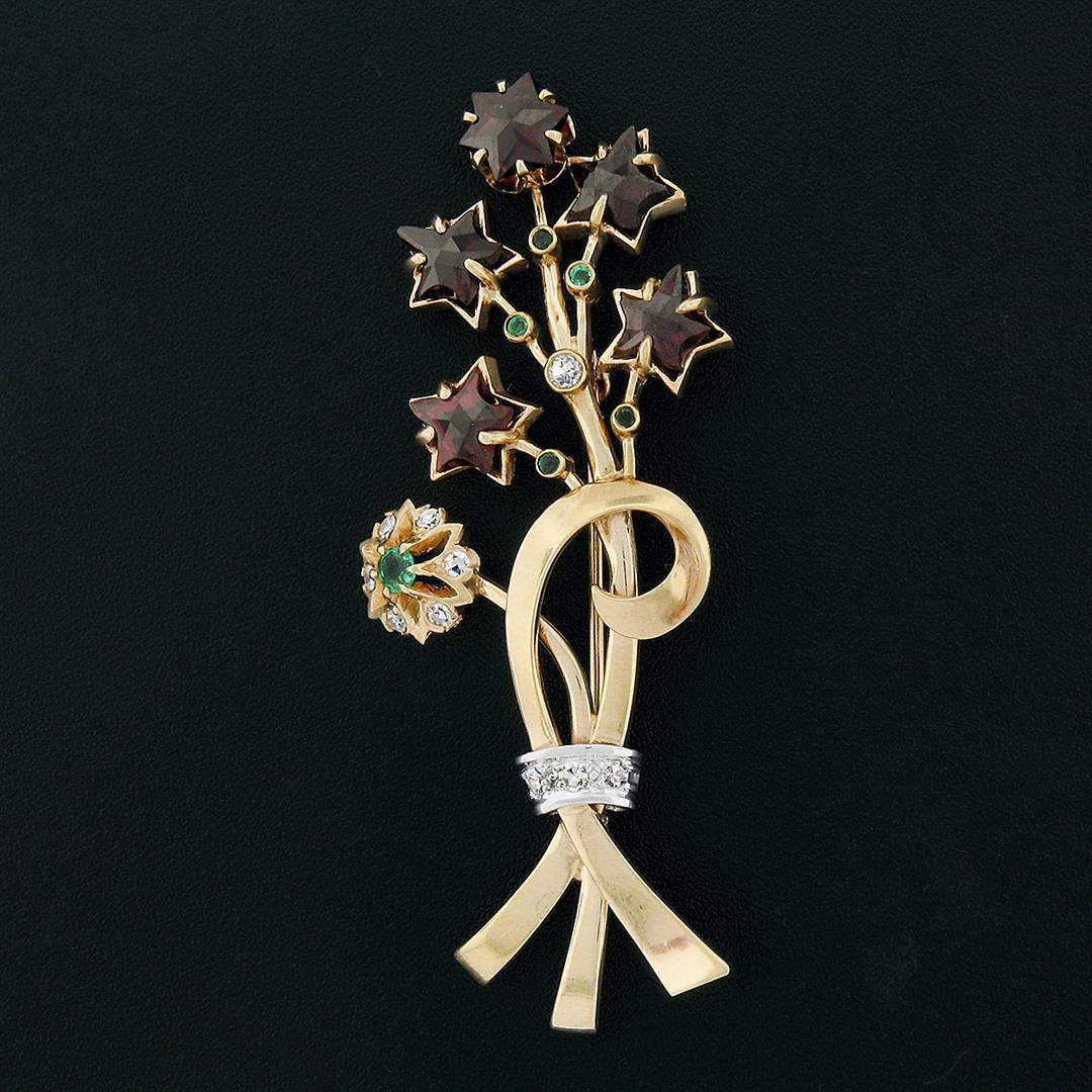 Unique Vintage 14k Gold Custom Star Garnet Emerald Diamond Bundle Bouquet Brooch