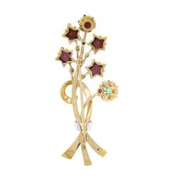 Unique Vintage 14k Gold Custom Star Garnet Emerald Diamond Bundle Bouquet Brooch