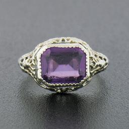 Antique Art Deco 10K Gold Bezel Amethyst Solitaire w/ Open Filigree Petite Ring