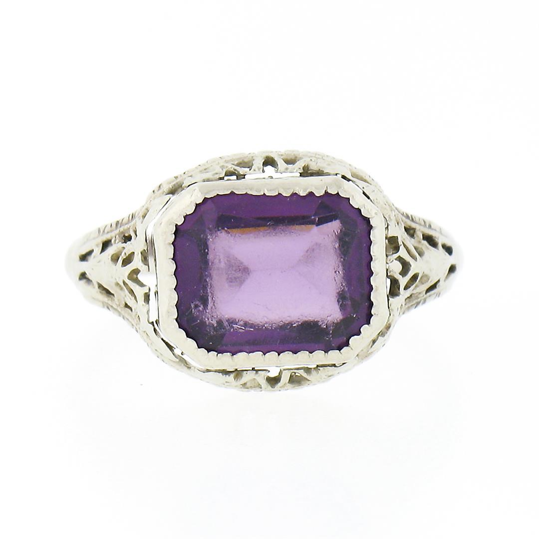 Antique Art Deco 10K Gold Bezel Amethyst Solitaire w/ Open Filigree Petite Ring