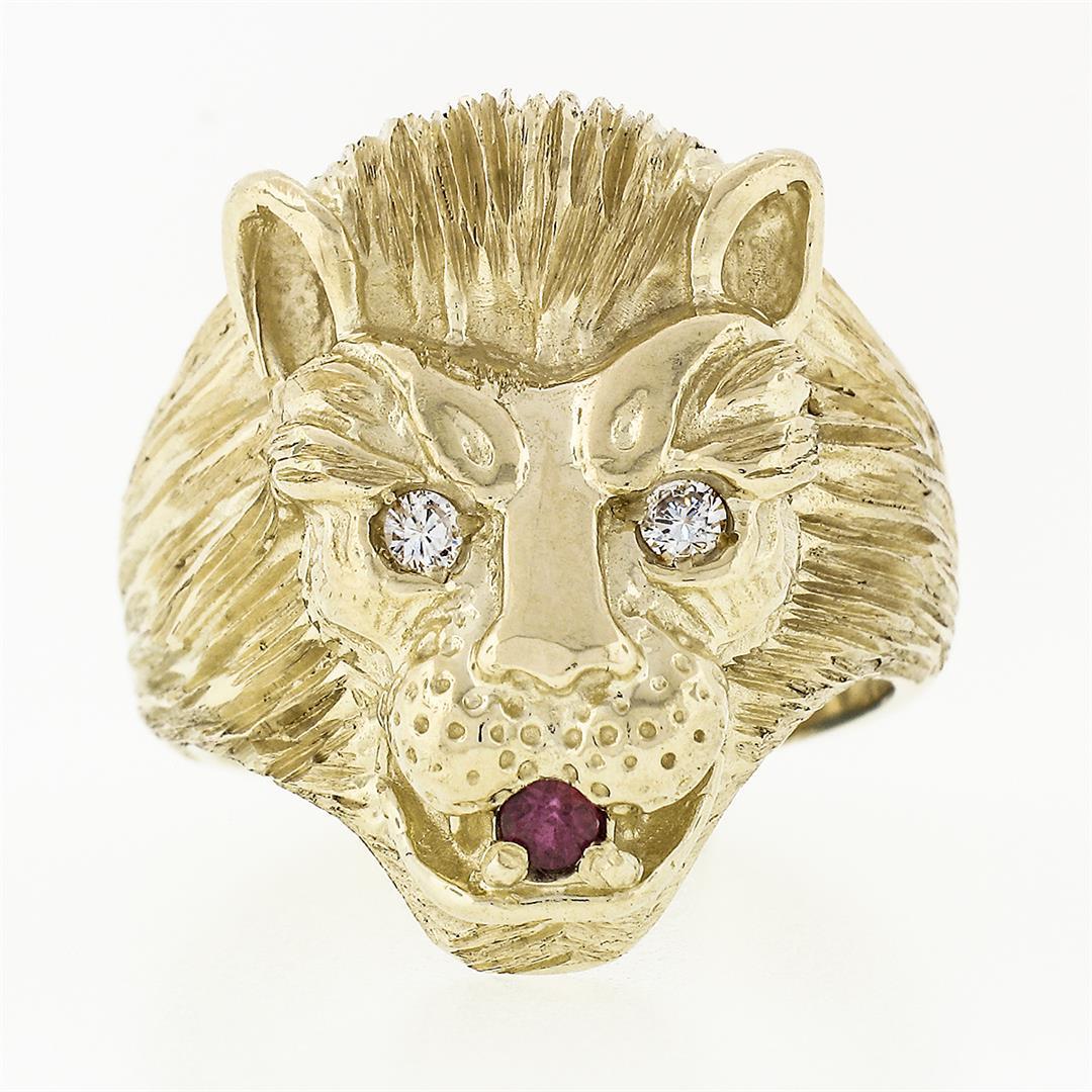 Men's Vintage Heavy 14k Gold .17 ctw Ruby Diamond Eyes Textured 3D Lion Head Rin