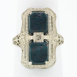 Antique Art Deco 14k White Gold Dual Bloodstone & Diamond Etched Filigree Ring