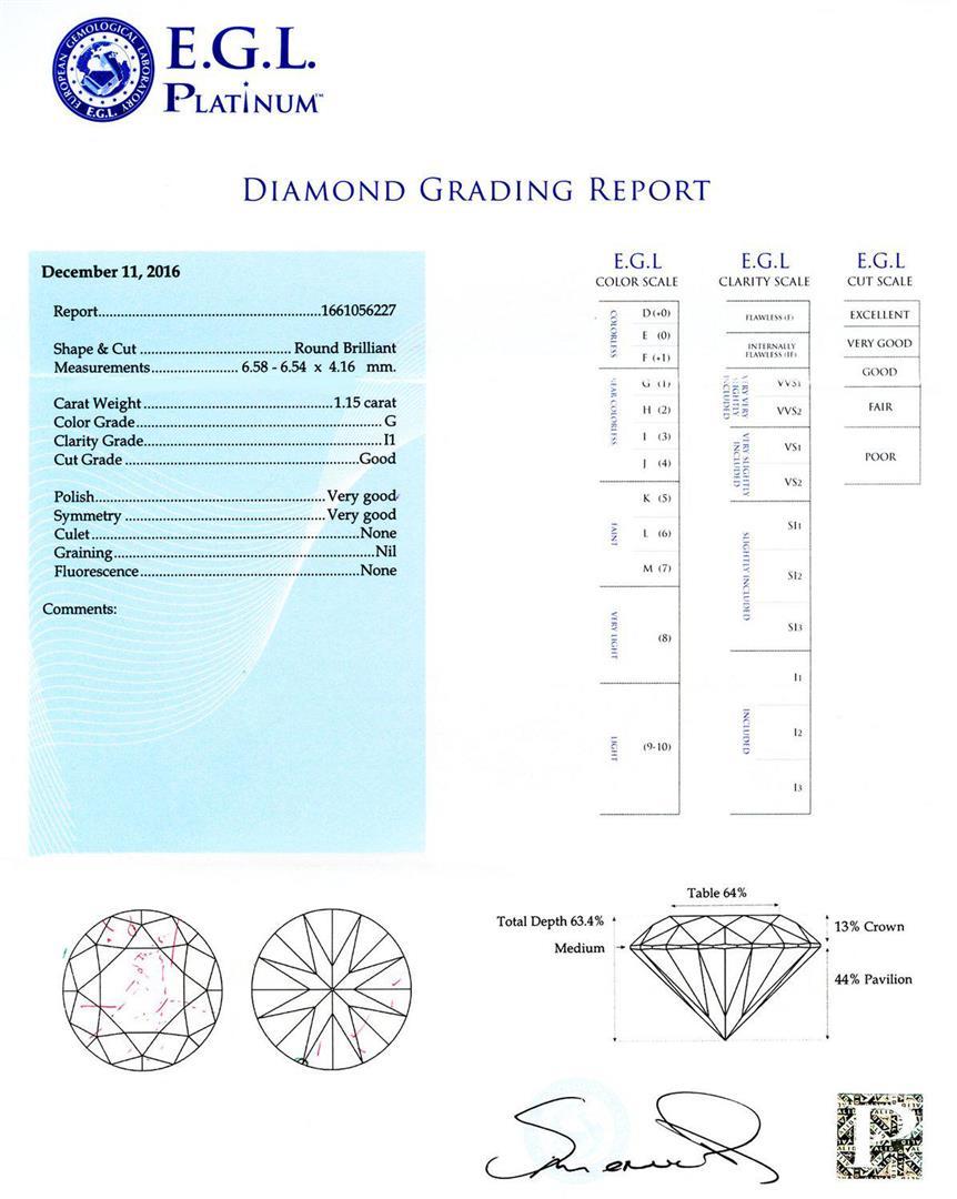 1.15 ctw CENTER Diamond 18K White Gold Ring (2.30 ctw Diamond) EGL CERTIFIED