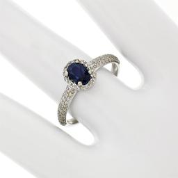 Petite 14K White Gold 1.05 ctw Oval Sapphire Solitaire & Diamond Halo Promise Ri