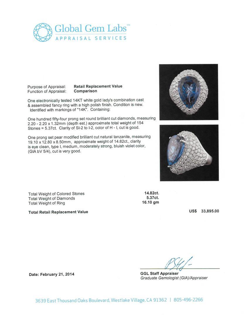 14KT White Gold 14.82 ctw GIA Certified Tanzanite and Diamond Ring