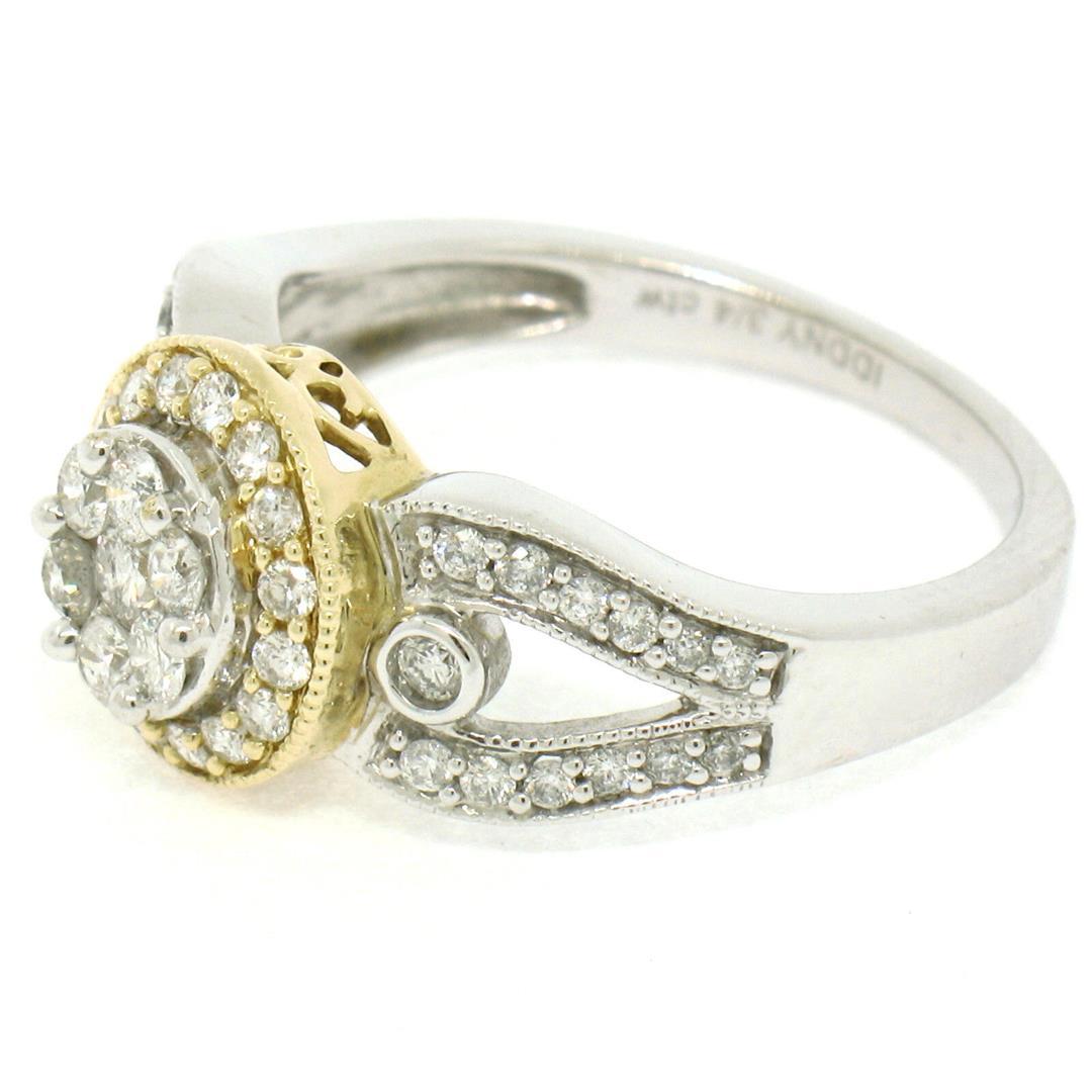 NEW 14k White & Yellow Gold Milgrain 0.75 ctw Pave Set Round Diamond Cluster Rin