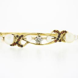 Vintage 14K Yellow Gold 0.52 ctw Diamond Garnet Pearl Hinged Open Bangle Bracele