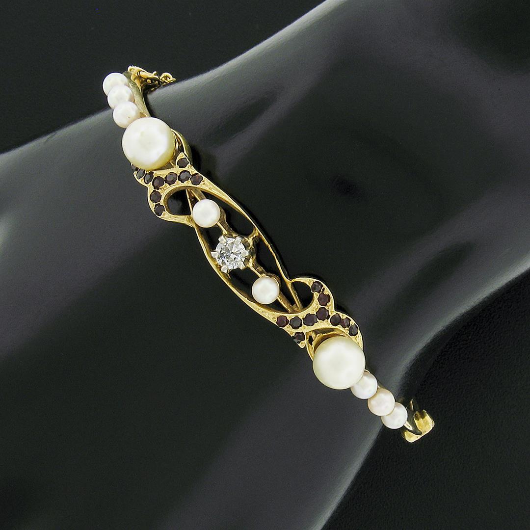 Vintage 14K Yellow Gold 0.52 ctw Diamond Garnet Pearl Hinged Open Bangle Bracele