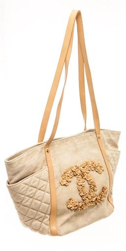 Chanel Beige Canvas CC Camelia Shoulder Bag