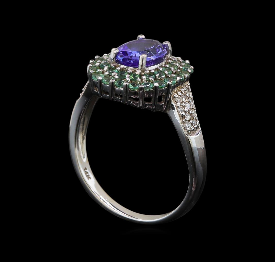 14KT White Gold 1.53 ctw Tanzanite, Emerald and Diamond Ring