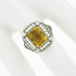 Antique 14K Gold Rectangular Bezel Citrine Seed Pearl Halo w/ Open Filigree Ring