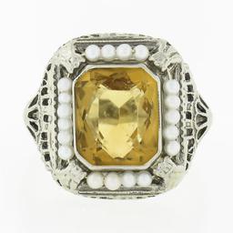 Antique 14K Gold Rectangular Bezel Citrine Seed Pearl Halo w/ Open Filigree Ring