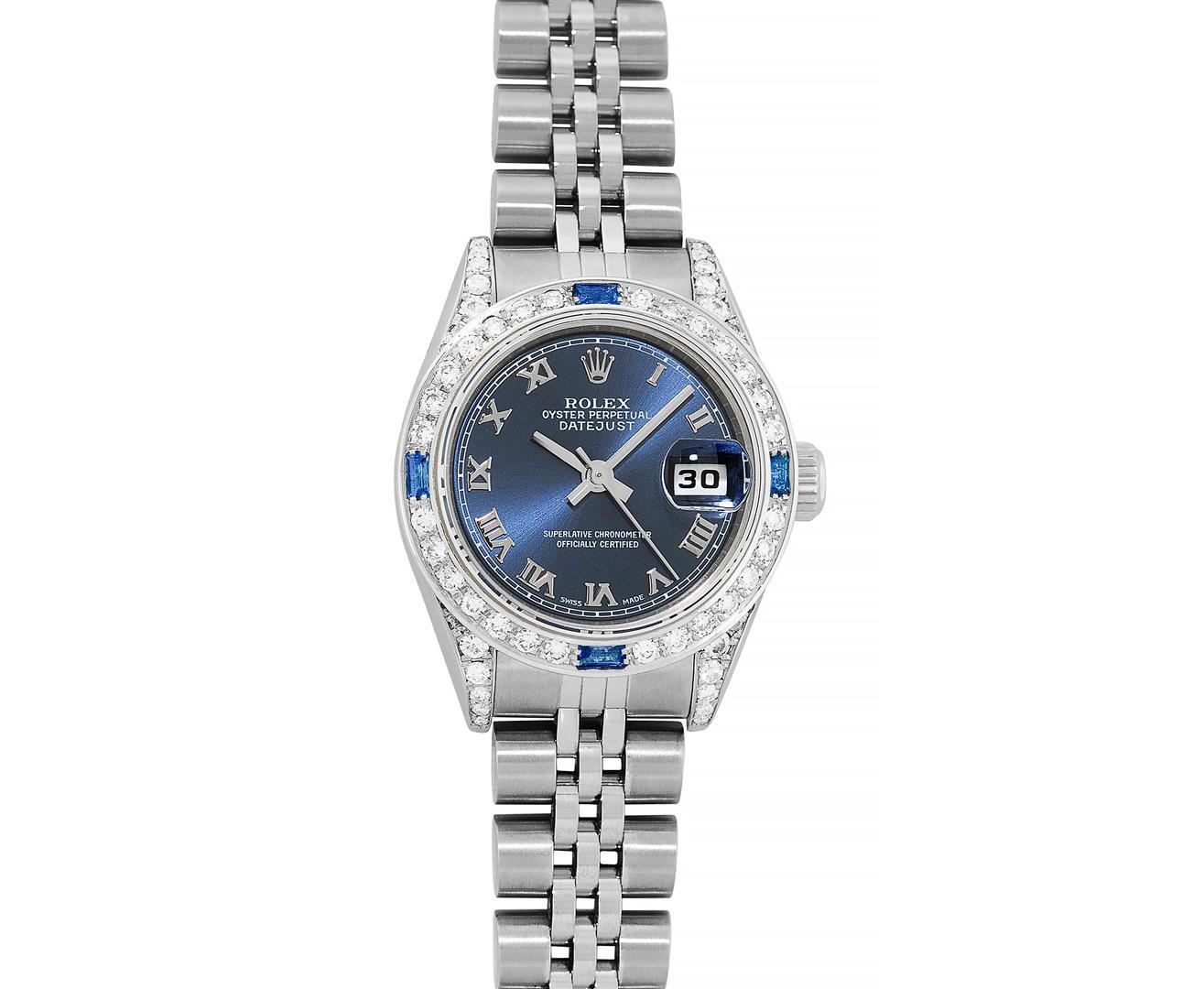 Rolex Ladies Quickset Stainless Steel Blue Roman 18K White Gold Diamond & Sapphi