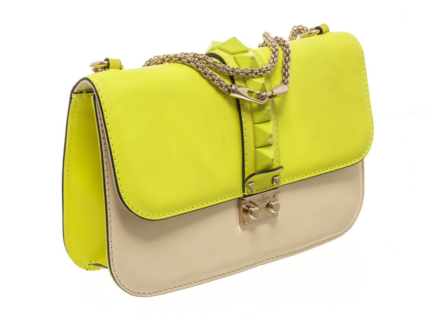 Valentino Yellow Green Leather Glam Lock Shoulder Bag