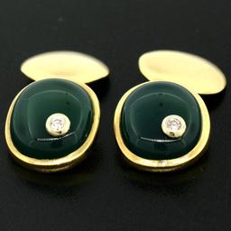 Manfredi 18k Yellow Gold Cabochon Green Chrysoprase & Diamond Men's Cuff Links