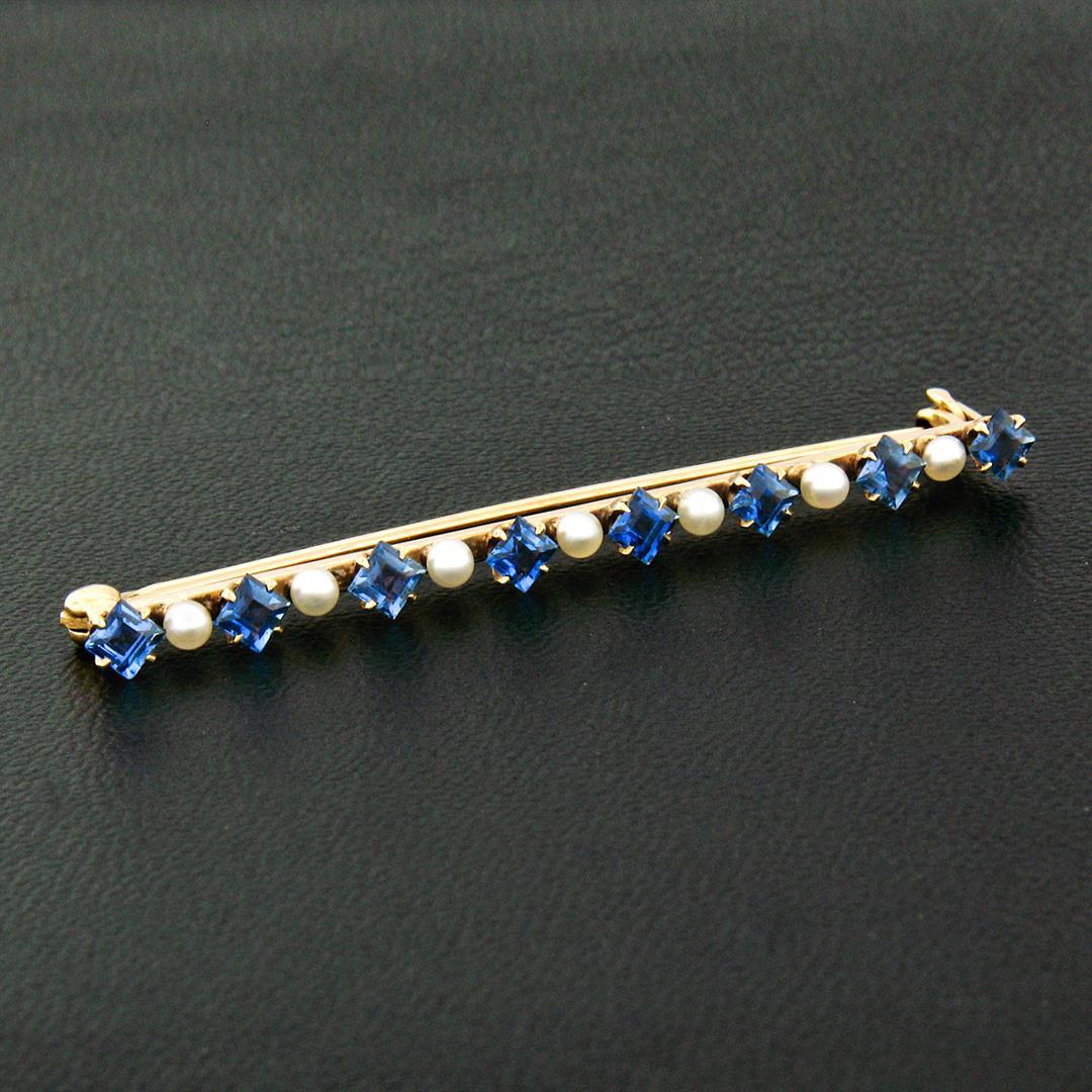 Antique 14k Gold 1.60 ctw Square Cut Montana Sapphire Natural Pearl Bar Brooch P