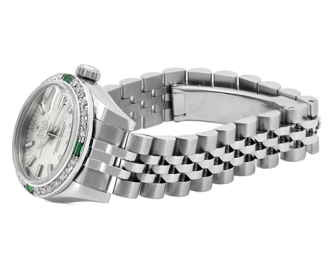 Rolex Ladies Quickset Silver Dial 18K White Gold Diamond And Emerald Datejust