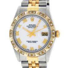 Rolex Mens 2 Tone White Roman Dial Pyramid Diamond Bezel Datejust Wristwatch 36M