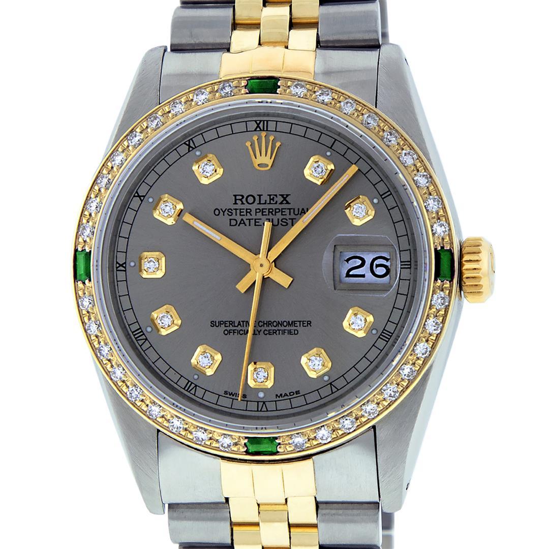 Rolex Mens Two Tone Slate Grey Diamodn And Emerald Datejust Wristwatch