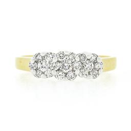 14k TT Gold 0.55 ctw Round Brilliant Cut Diamond Triple 3 Flower Cluster Band Ri