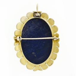 Antique Etruscan Revival 14k Gold GIA Carved Oval Blue Lapis Pendant or Brooch