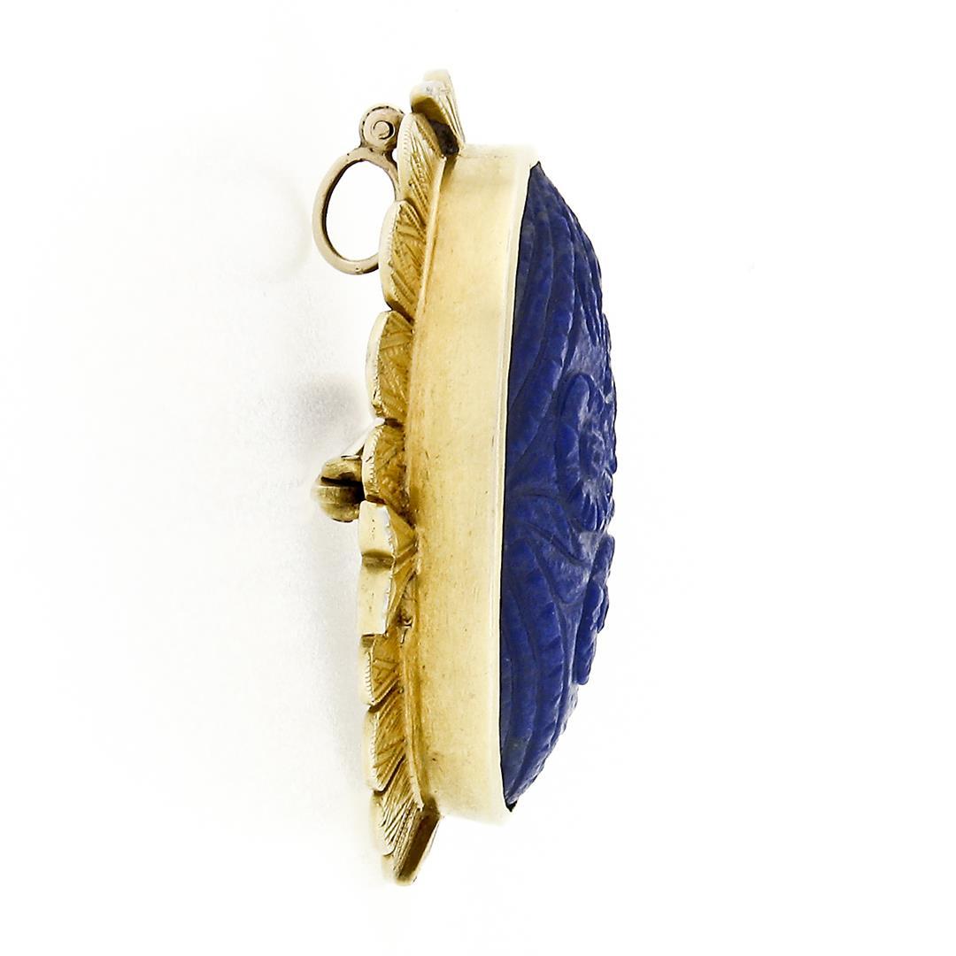 Antique Etruscan Revival 14k Gold GIA Carved Oval Blue Lapis Pendant or Brooch