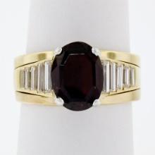 18K Yellow Gold Oval Faceted Garnet Solitaire 1.18 ctw Baguette Step Diamond Rin