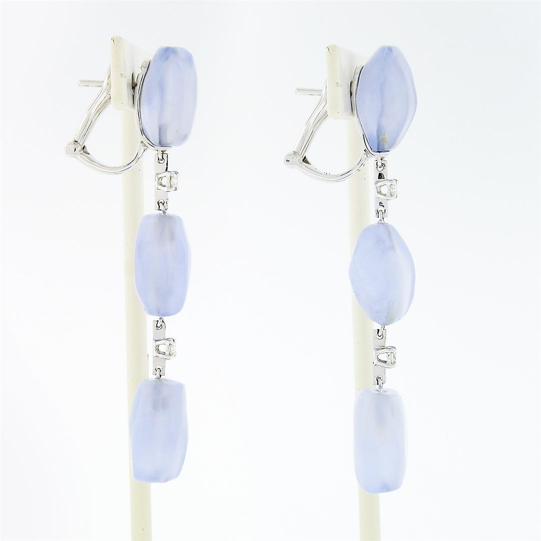 Antonini 18K White Gold Chalcedony Bead Round Diamond Long Drop Dangle Earrings