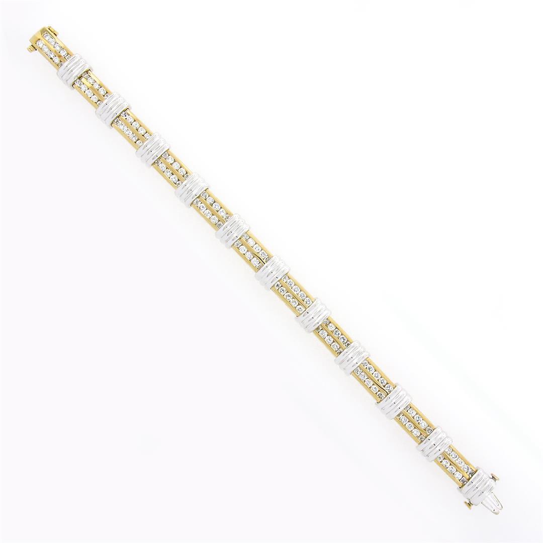 14K TT Gold 3.50 ctw Round Dual Channel Set Diamond & Grooved Link Tennis Bracel