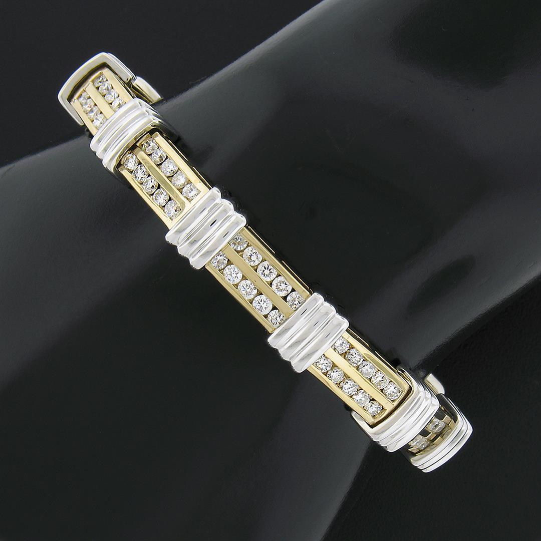 14K TT Gold 3.50 ctw Round Dual Channel Set Diamond & Grooved Link Tennis Bracel